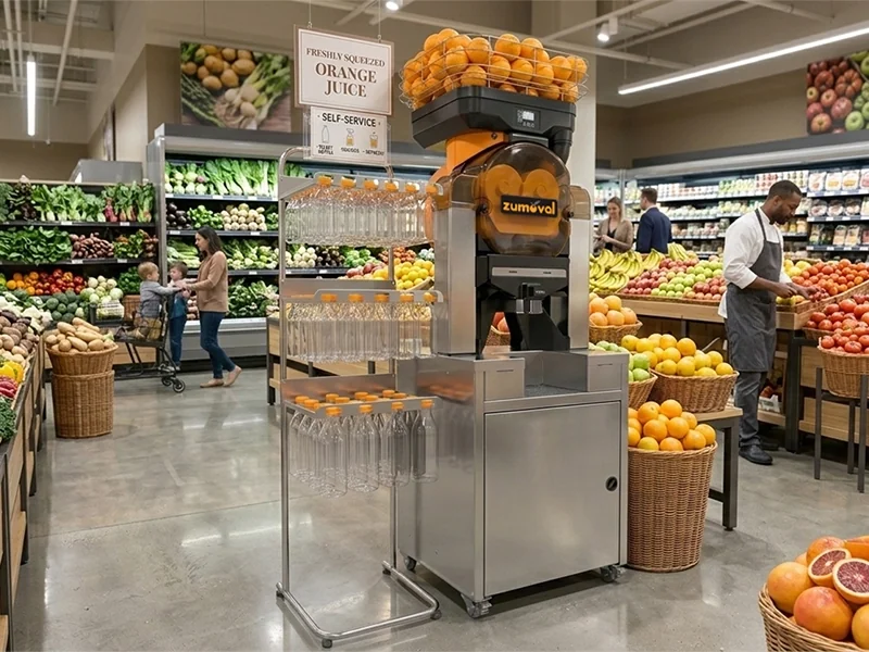 Exprimidora ZUMOVAL con mueble Service y botellero en el pasillo de frutas de un supermercado