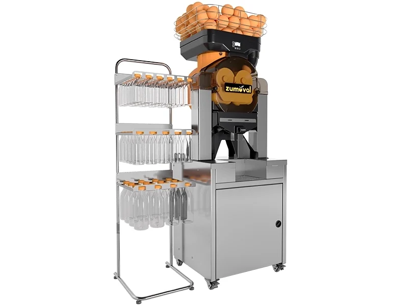 Exprimidora ZUMOVAL sobre mueble Service con botellero de acero inoxidable